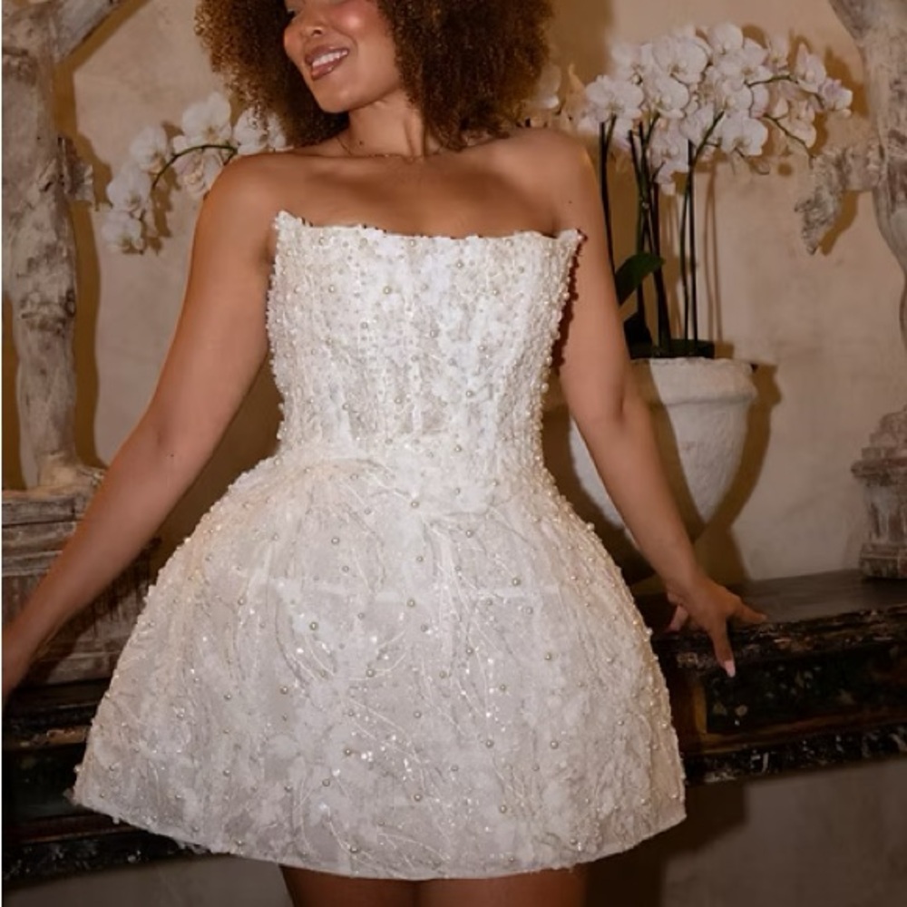 Strapless White Pearl & Bead Mini Dress